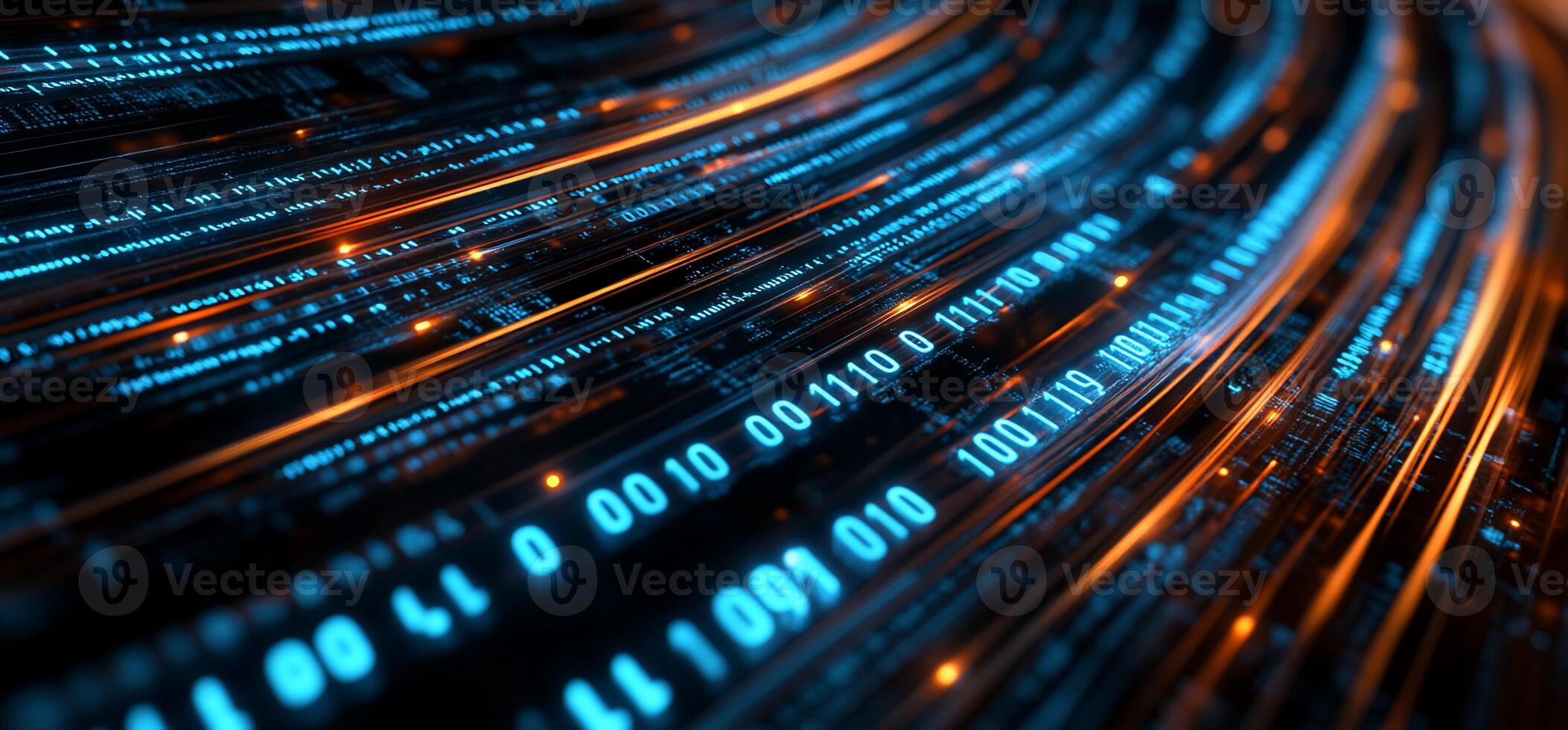 Binary code streams flowing in a curved path, glowing with blue and orange light photo