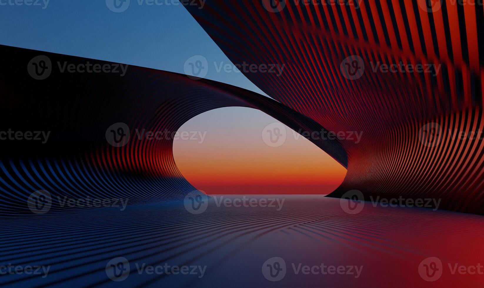 Abstract sunset view through a dark, swirling tunnel photo