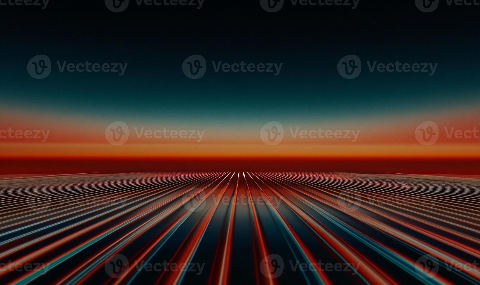 Vibrant sunset over a futuristic, striped landscape photo