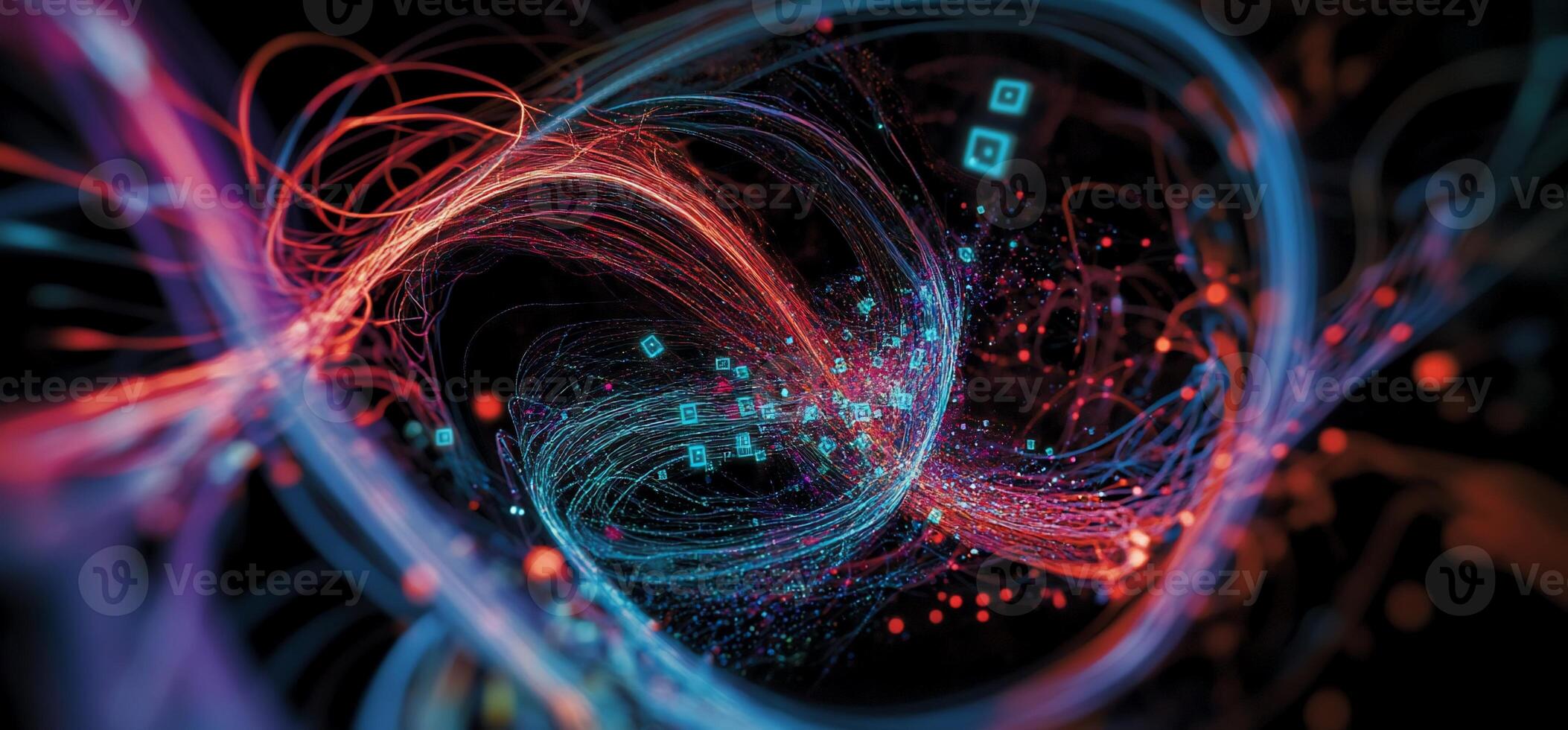 Swirling, vibrant energy streams in a dark void, punctuated by glowing particles photo