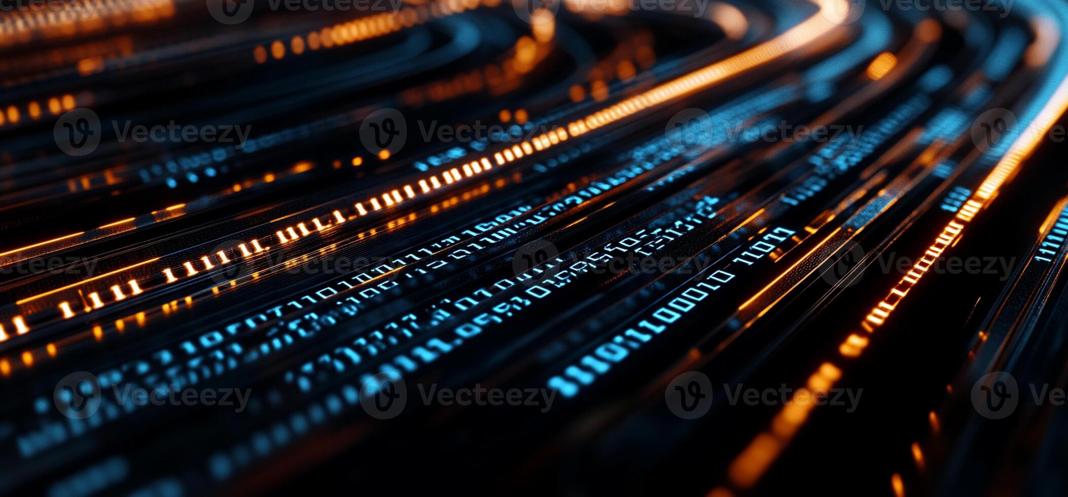 Abstract digital data streams in vibrant orange and blue hues, flowing in a curved pattern photo