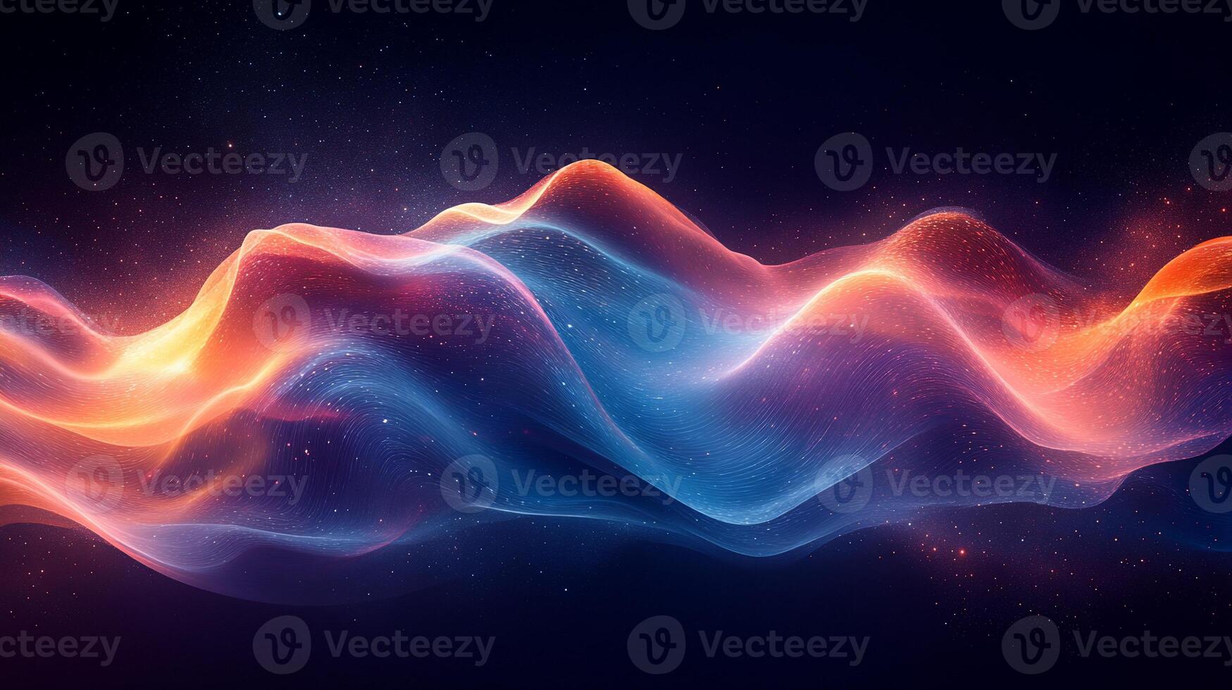 Glowing, flowing abstract wave with vibrant color gradients and sparkling particles on a dark background photo
