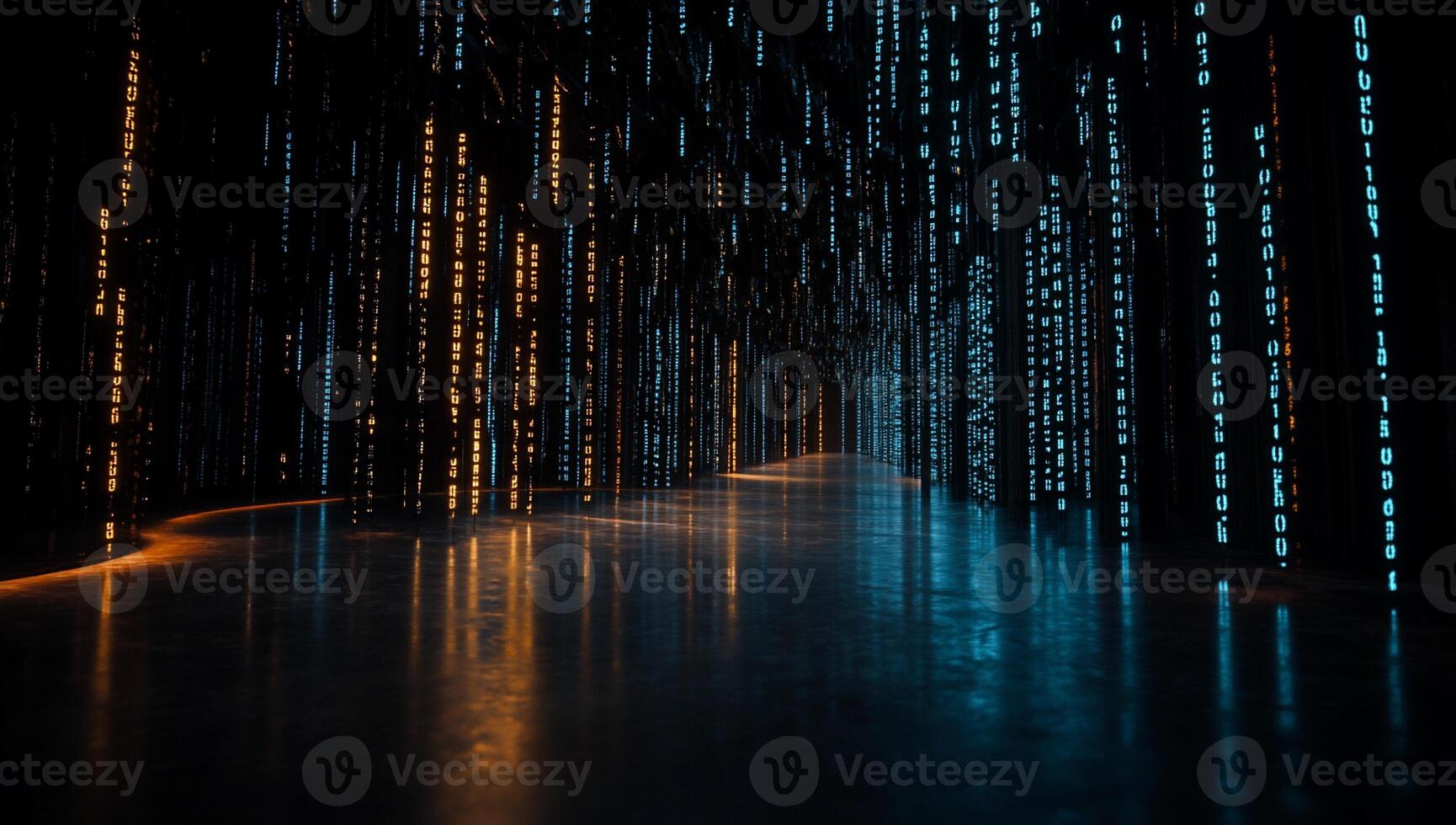 Glowing digital lines converge in dark, reflective space photo