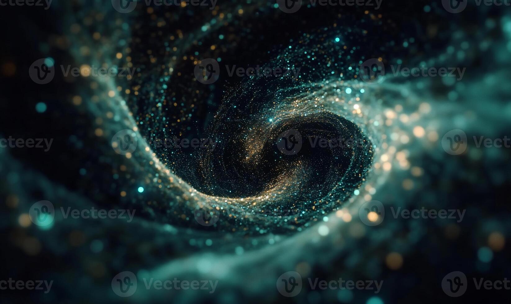 Teal and gold swirling nebula, cosmic dust vortex photo
