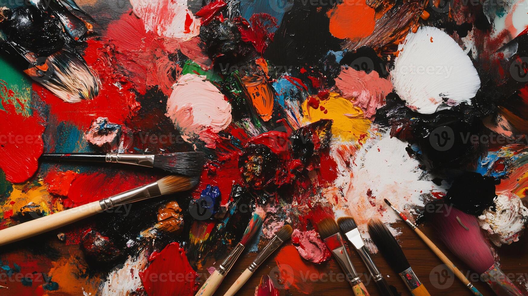 Vibrant paint palette with assorted brushes photo