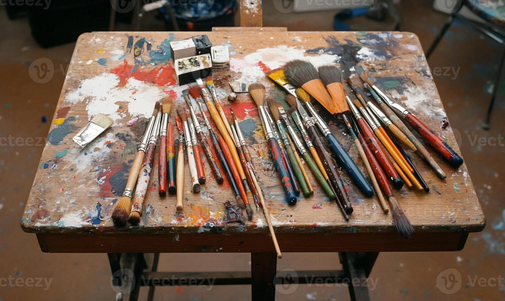 A paint-splattered easel displays an array of used paintbrushes photo
