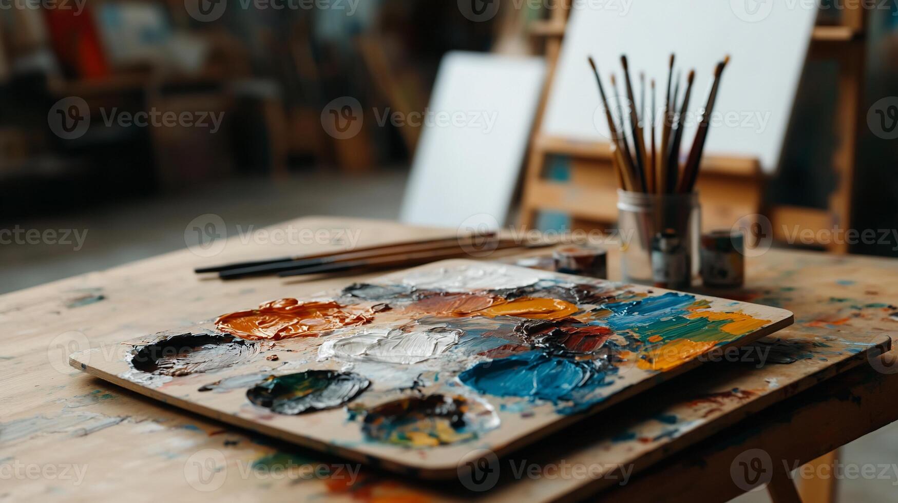 Artist's palette with oil paints, brushes, and canvas photo