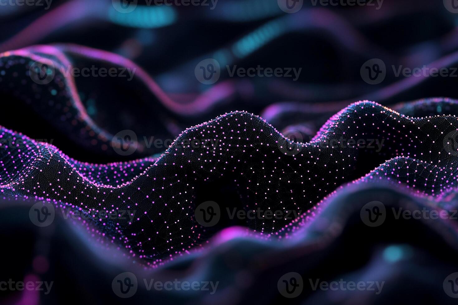 Abstract digital landscape with glowing particles and wavy lines photo