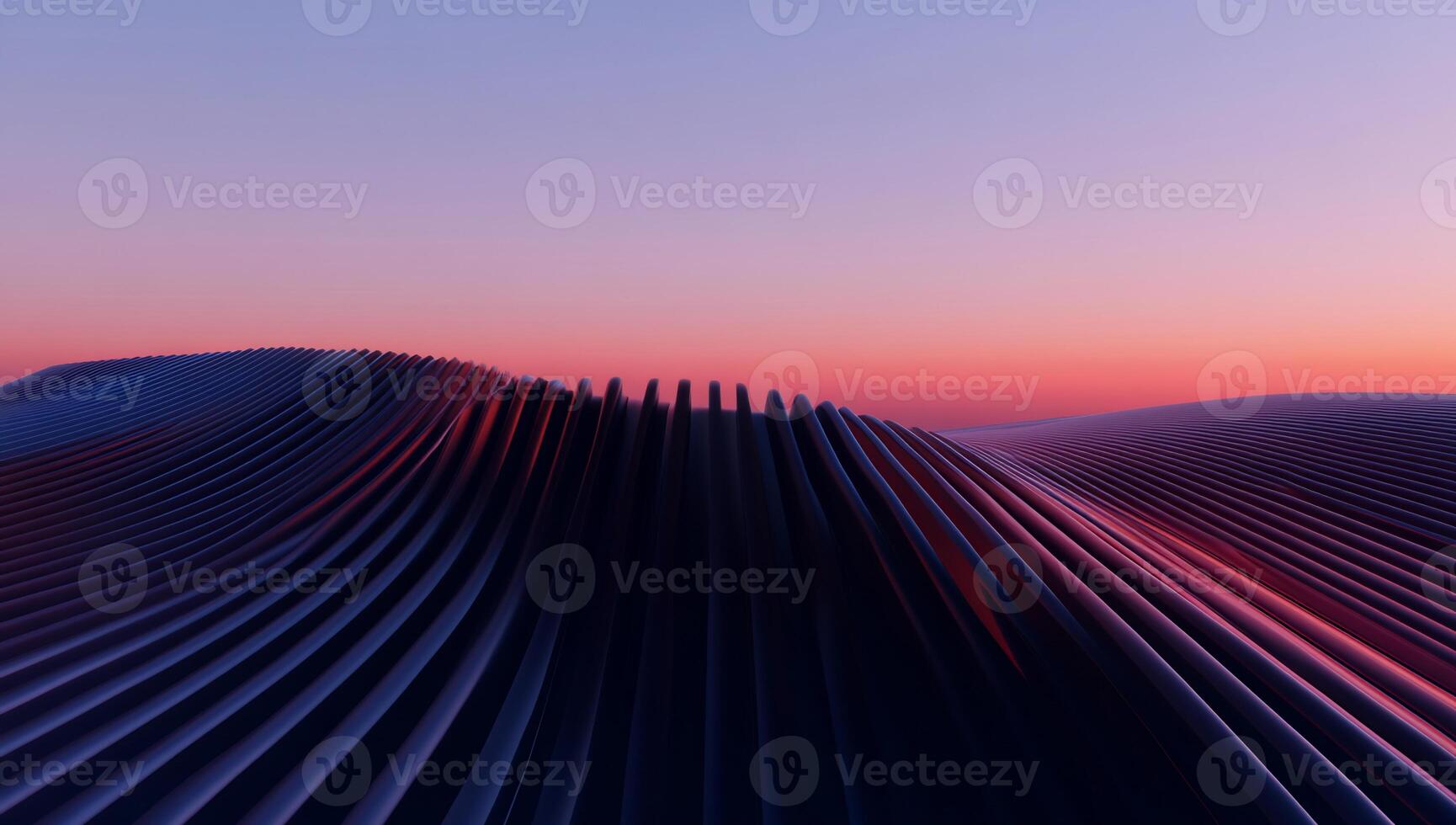 Sunset over abstract, flowing, metallic landscape photo