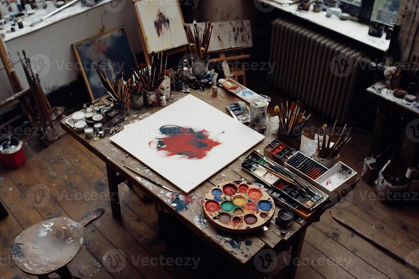 Artist's studio a messy but inspiring workspace with painting in progress photo