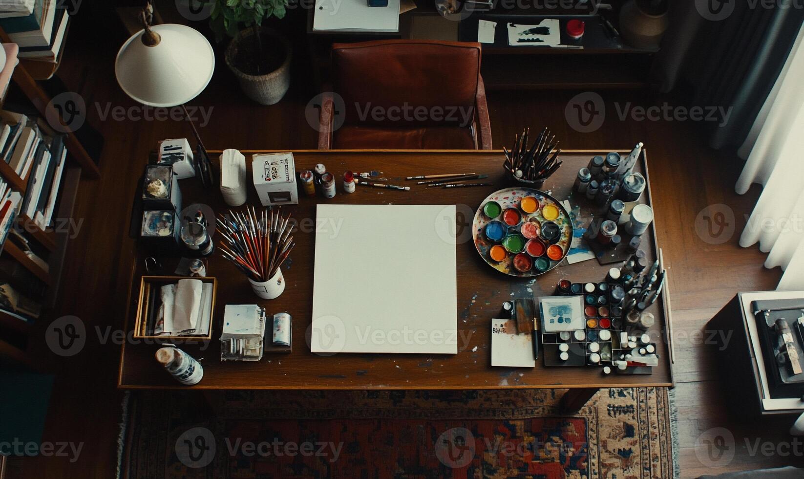 An overhead view of a desk with a painting easel, paints, and other supplies photo