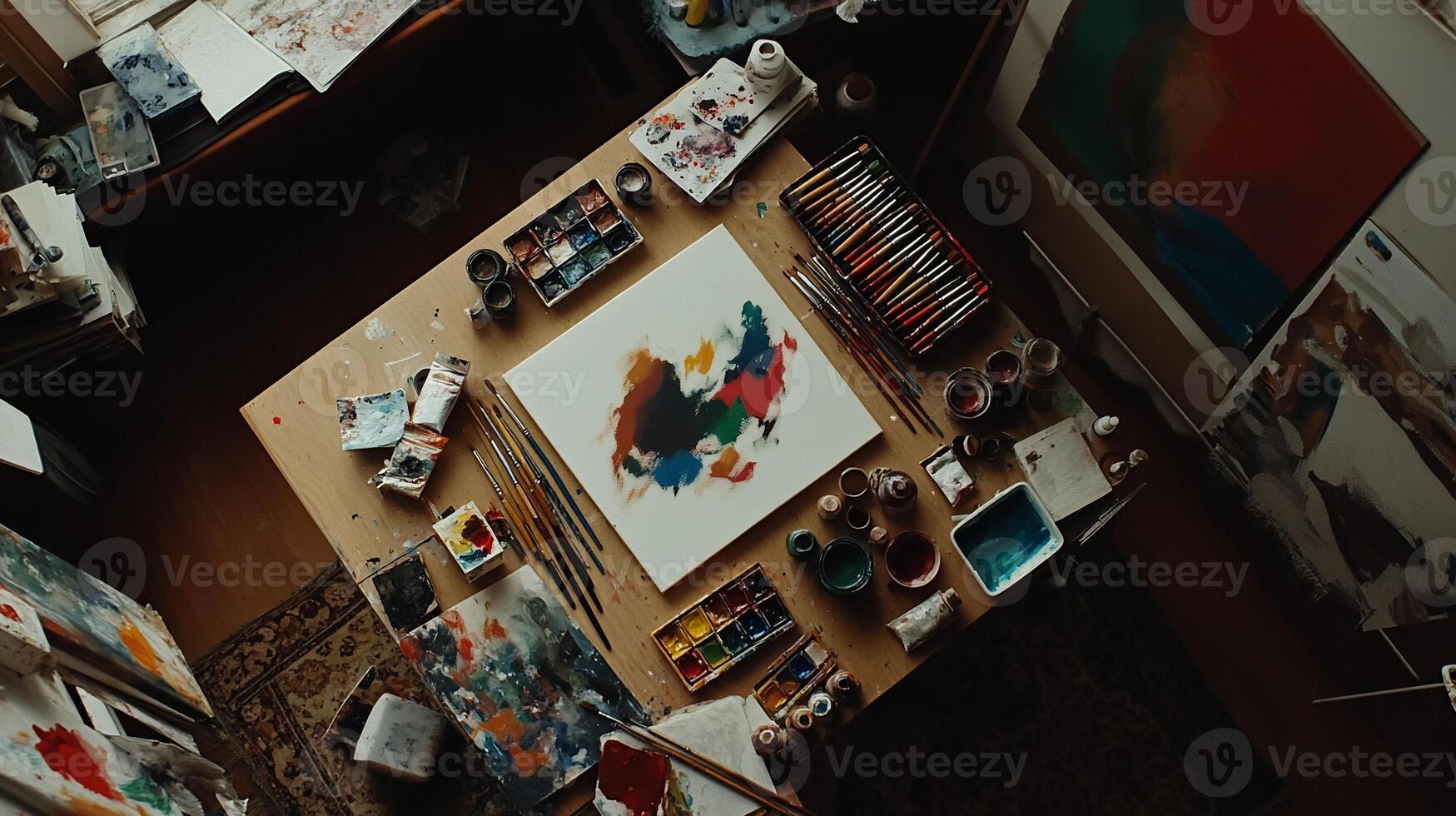 Artist's studio overhead, vibrant abstract painting in progress, surrounded by supplies photo