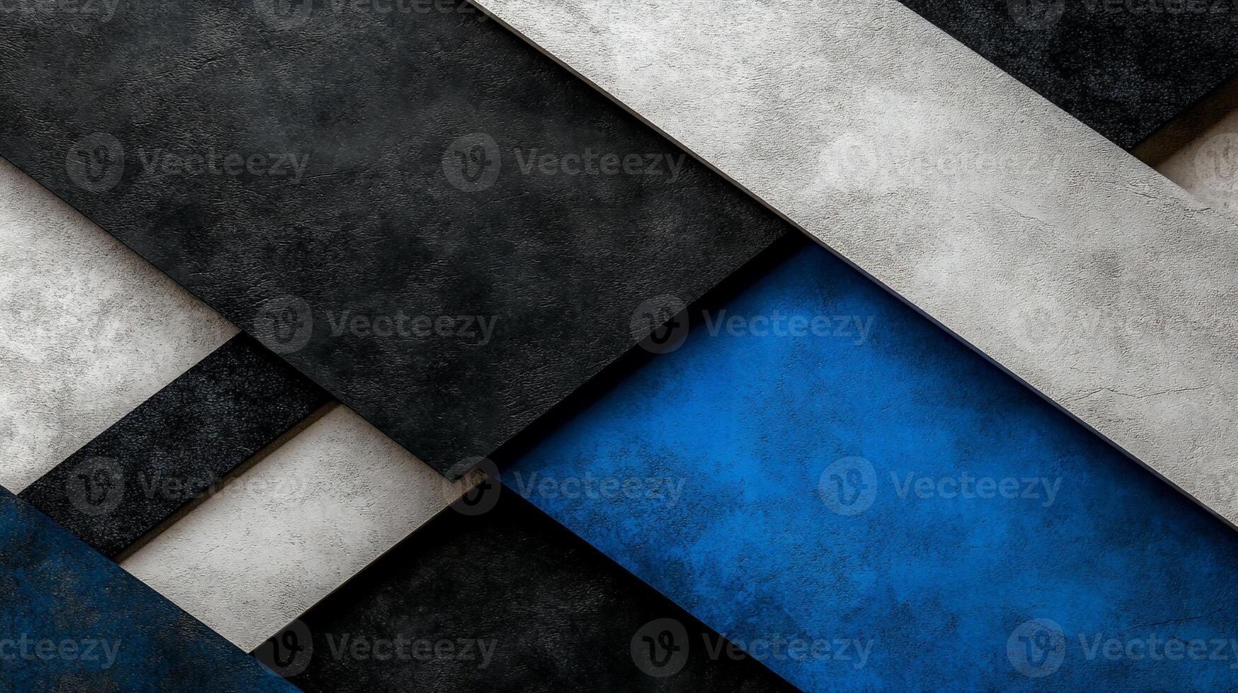 Abstract geometric design with textured black, gray, white, and blue shapes photo