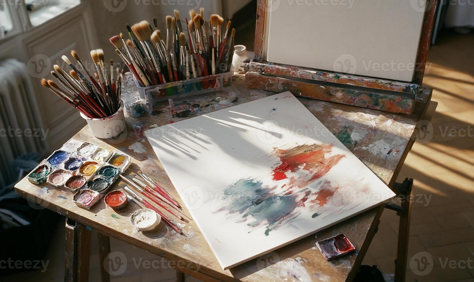 An easel with paints, brushes and a canvas photo
