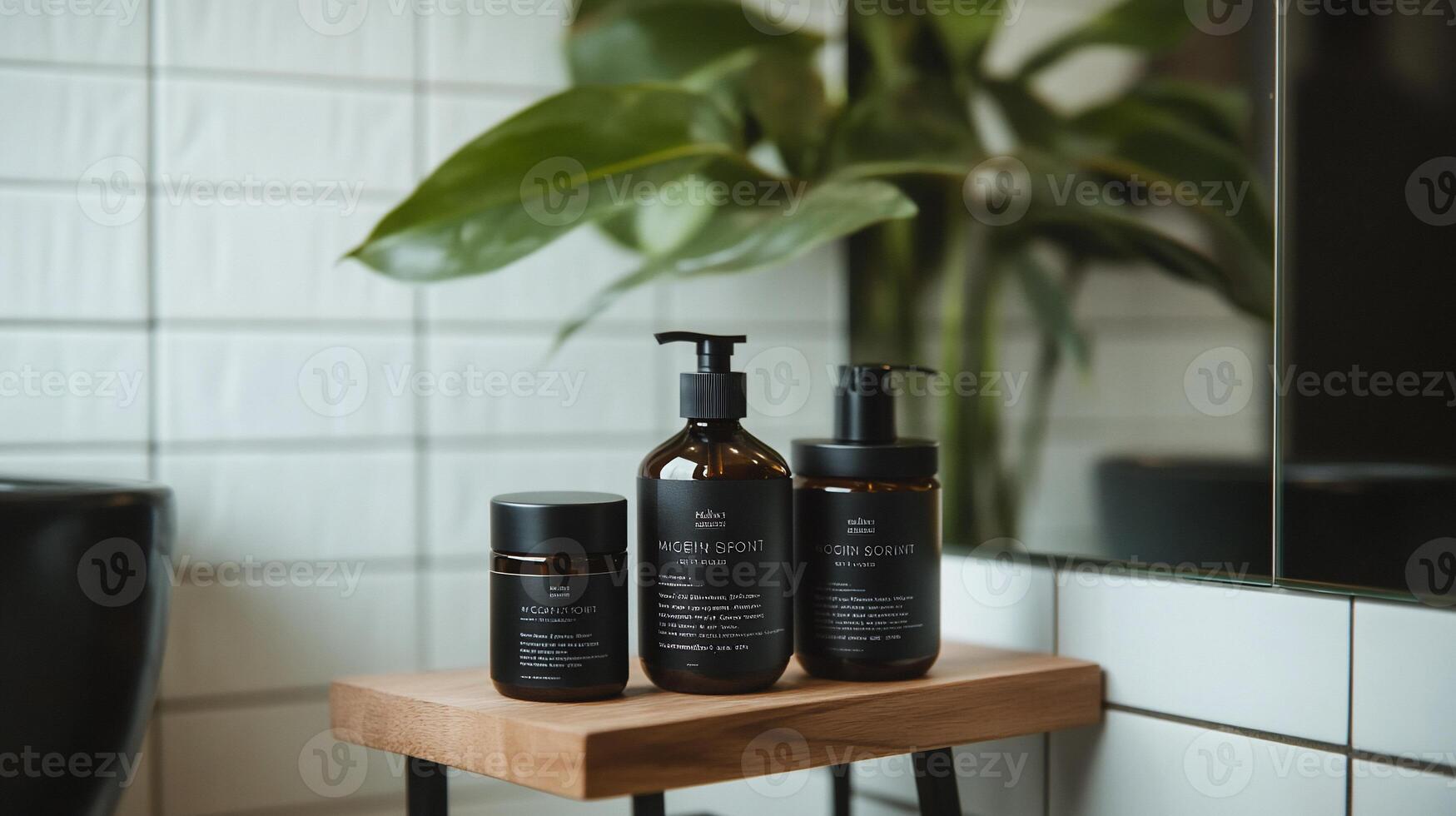 Amber glass bottles of bath products on wood photo
