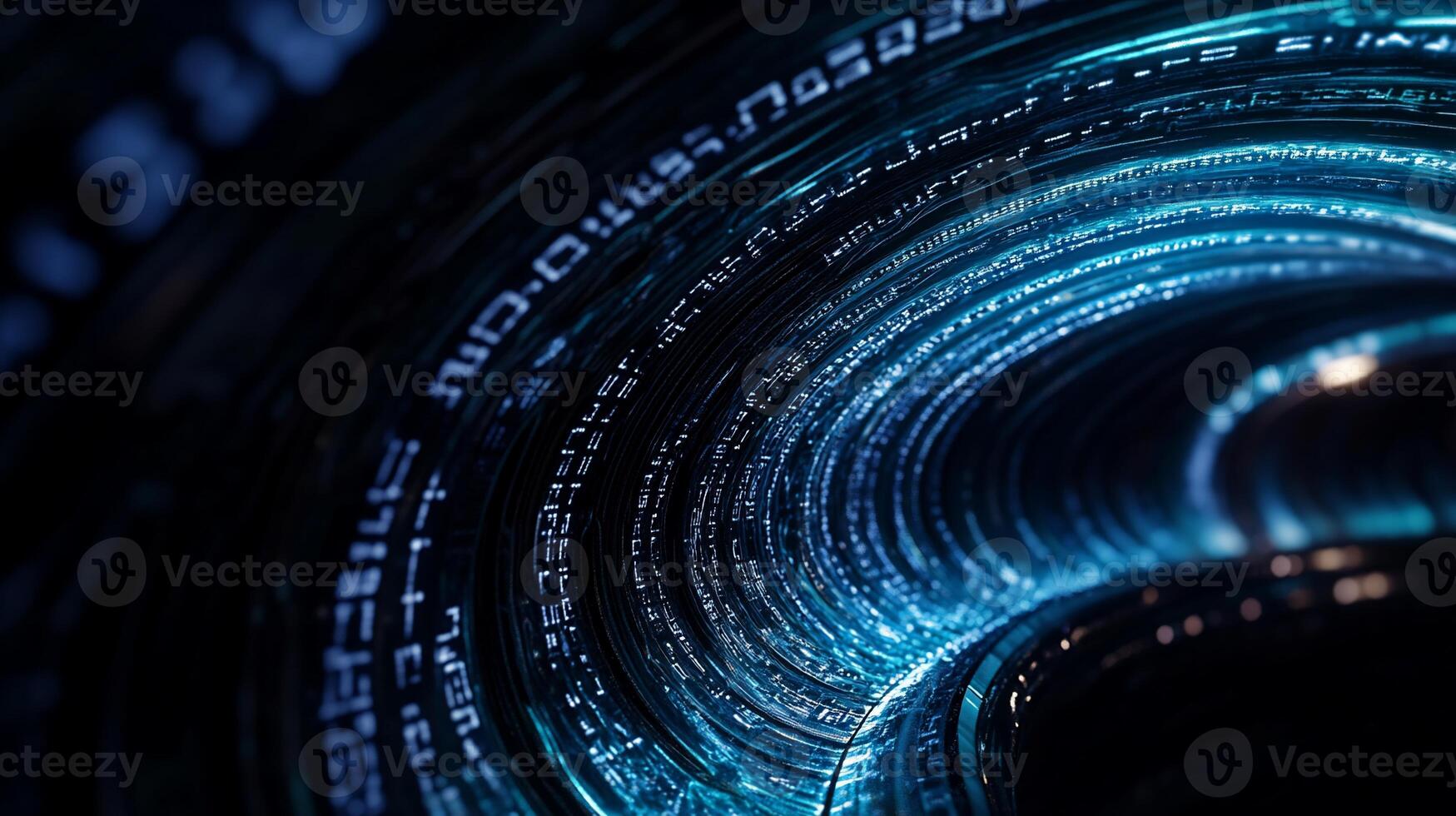 Futuristic swirling data streams, glowing blue digital vortex photo