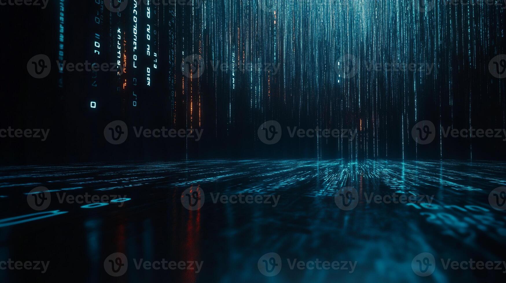 Glowing digital rain falls onto a reflective surface photo