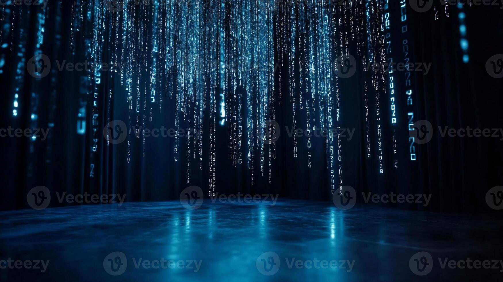 Glowing digital rain cascading onto reflective surface photo