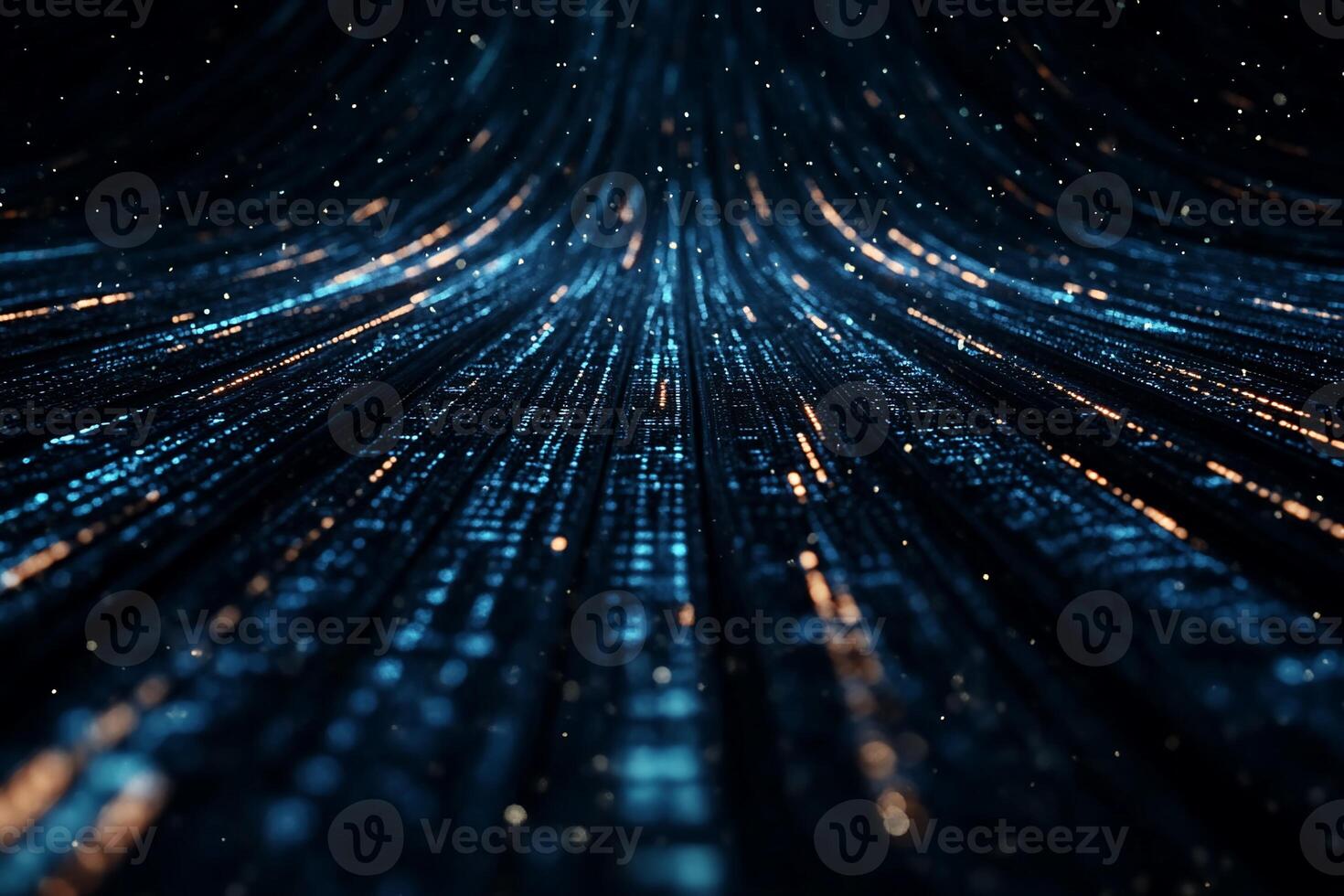 Abstract digital data stream, glowing blue and orange particles flowing towards viewer photo