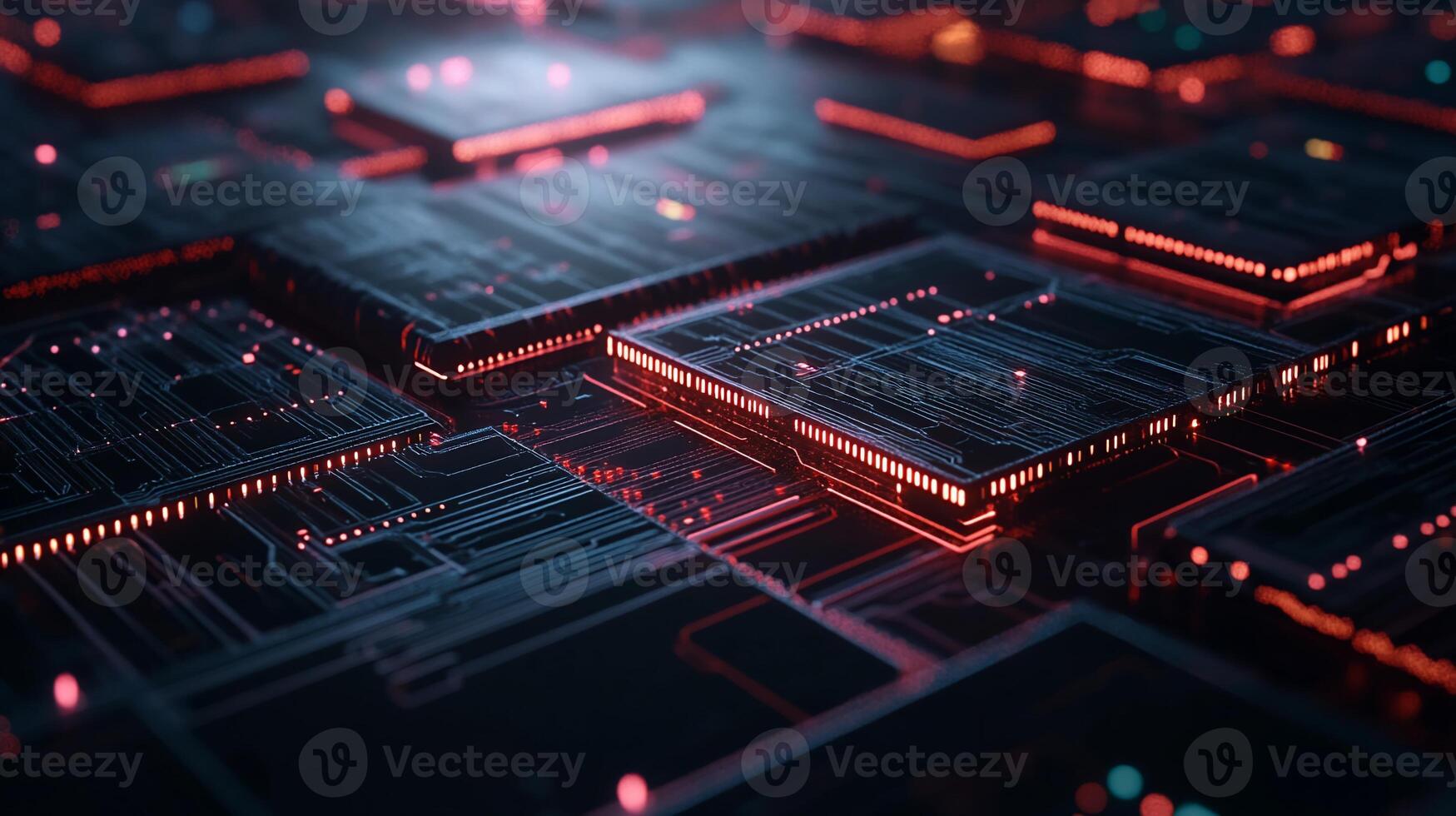 Glowing red circuit boards, intricate digital design photo