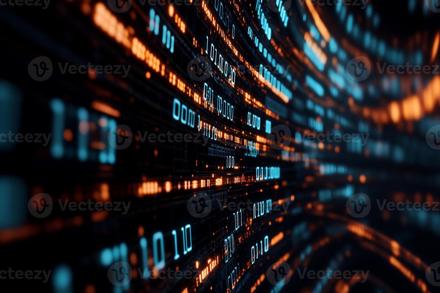Abstract digital data stream, glowing binary code in orange and blue photo