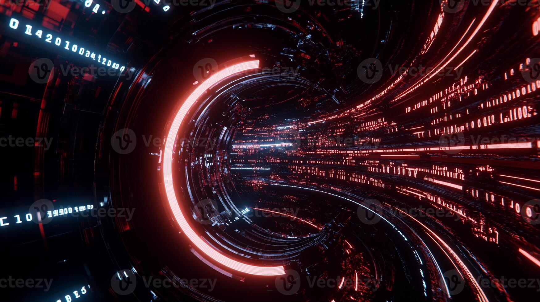 A futuristic tunnel with red lights and black background photo