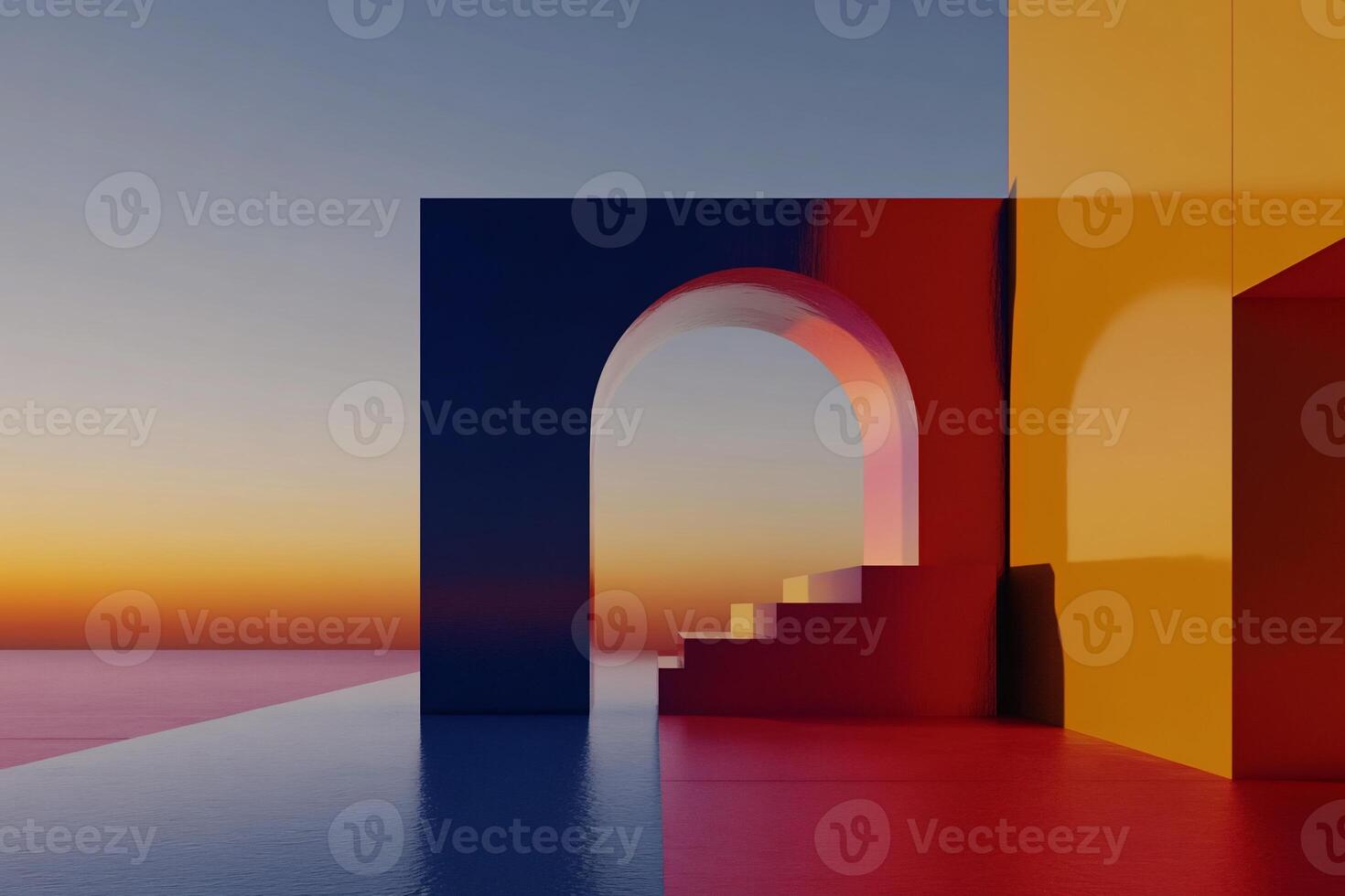 Colorful archway over steps at sunset over water photo