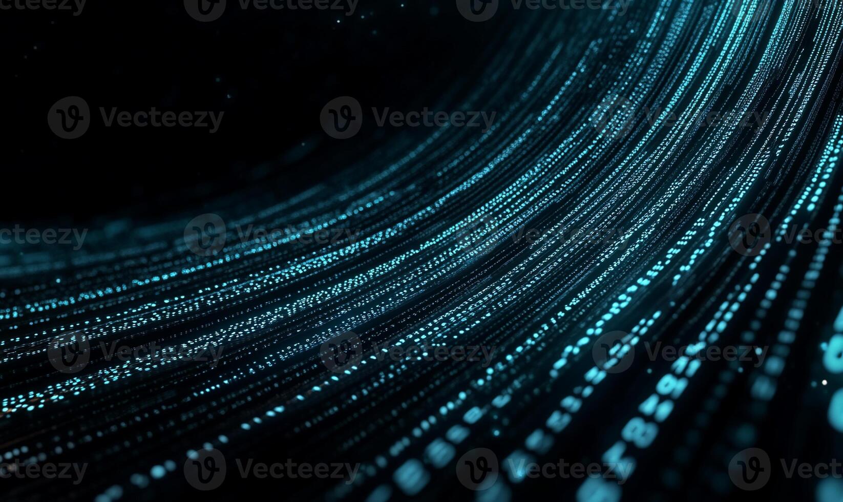 Abstract digital data stream flowing in curves. A complex network of light blue data lines and points against a dark background photo