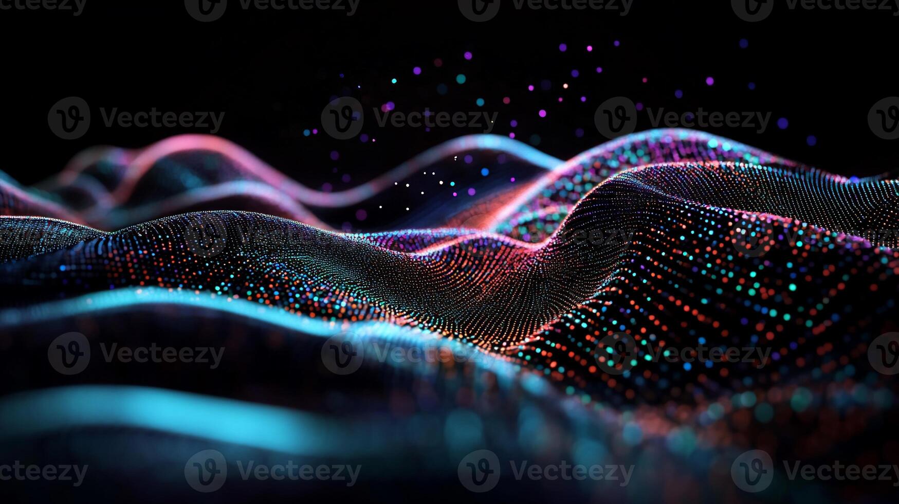 Abstract digital landscape of colorful data points. Dynamic wave patterns of vibrant particles against a dark background photo