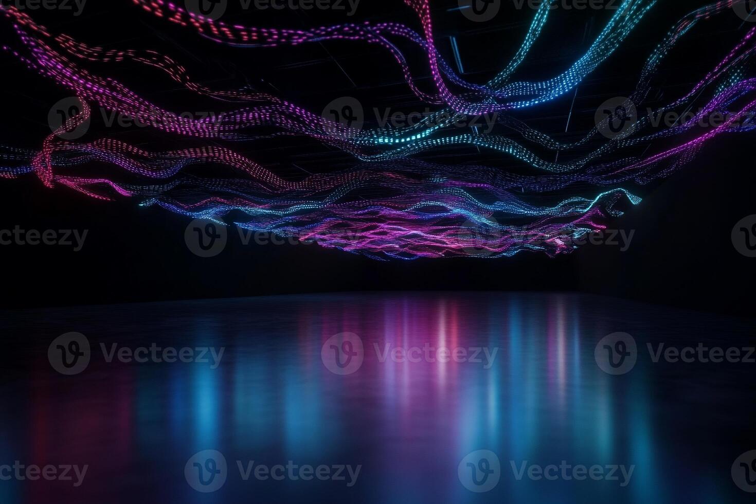 Abstract digital art installation with glowing, swirling, interconnected lines photo