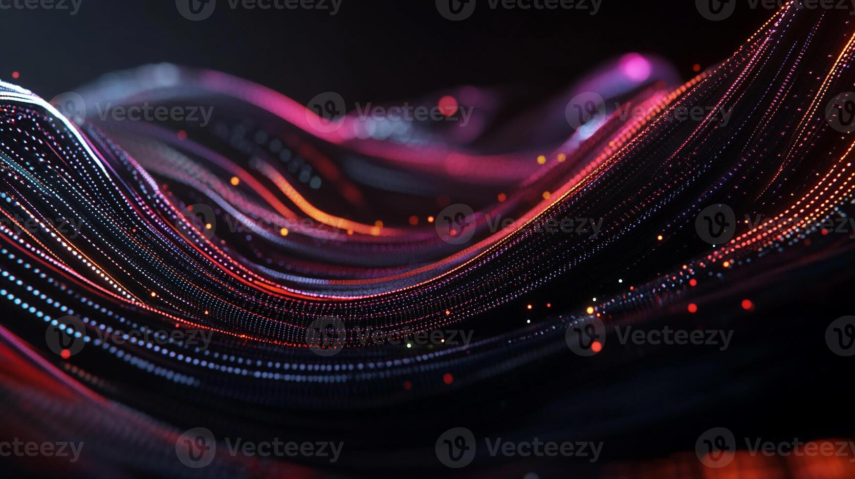 Abstract digital wave of colorful particles. Complex network of flowing lines and shimmering points create a dynamic, futuristic design photo