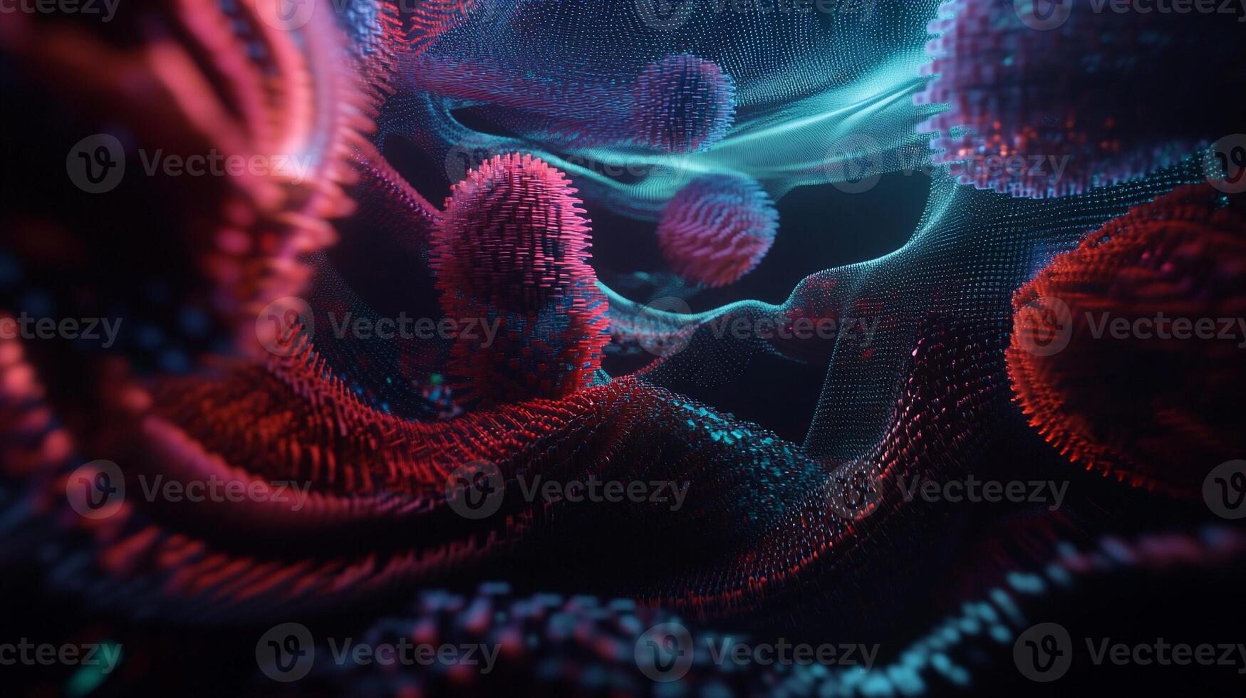 Abstract digital art, vibrant spiky forms in deep space photo