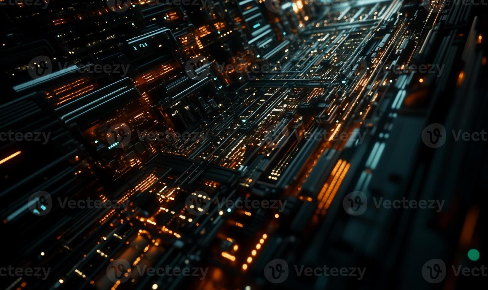 Futuristic circuit network. Complex interconnected glowing circuit board design. Abstract technology photo