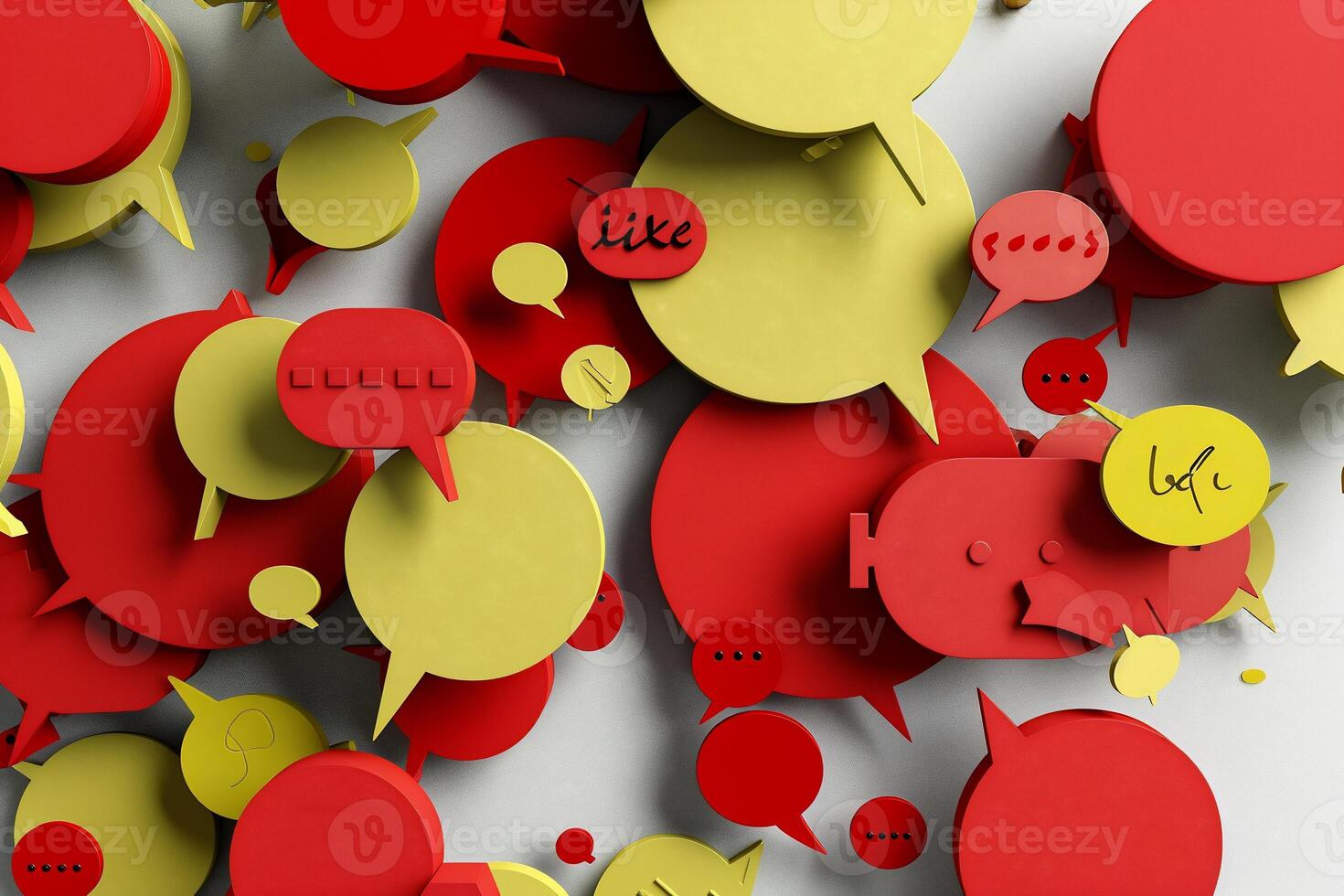 Abstract graphic design featuring a multitude of overlapping speech bubbles in red and yellow, a digital illustration of social media interactions, and a visual representation of online communication photo