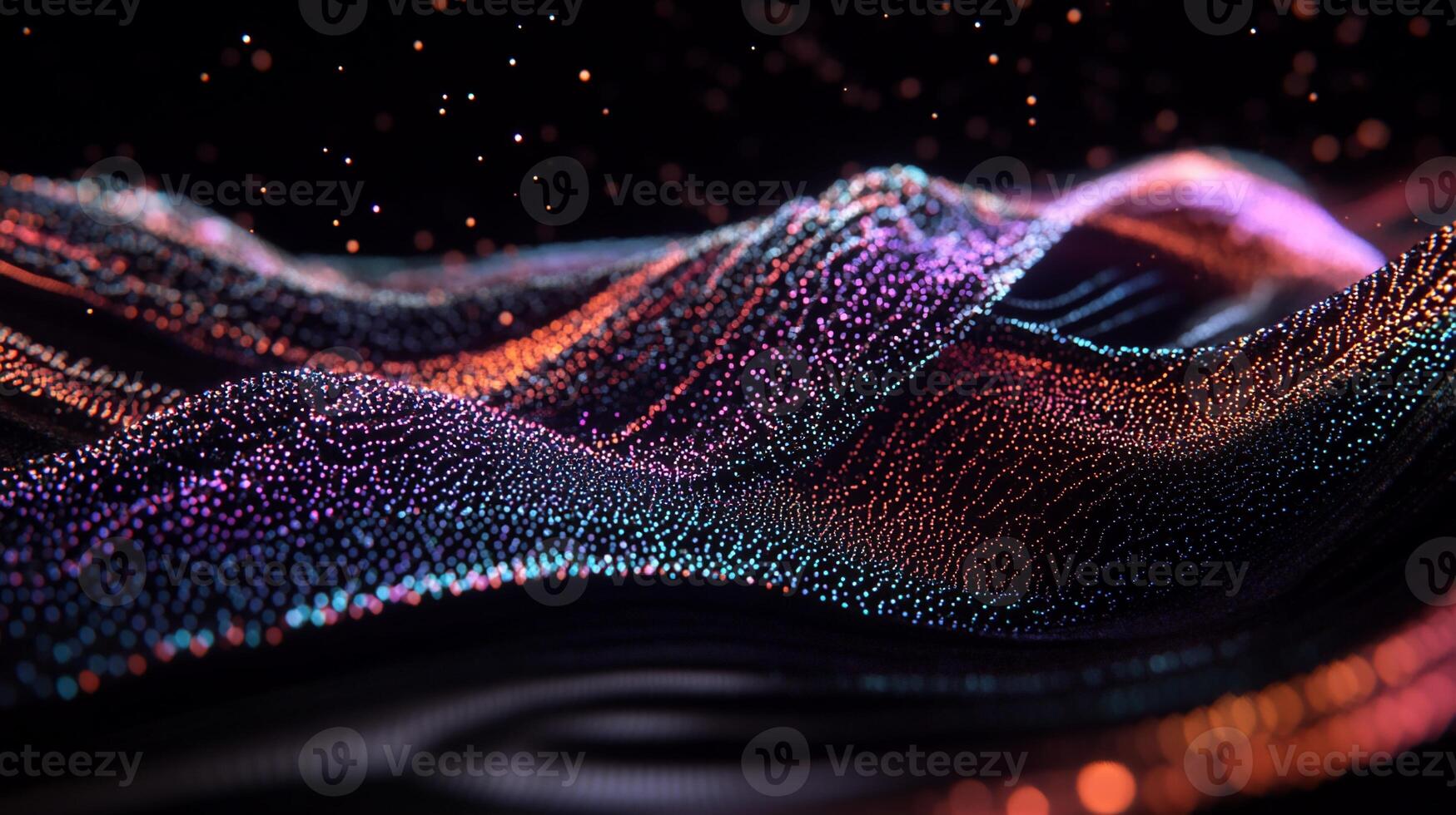 Abstract digital landscape of colorful particles flowing in undulating waves photo
