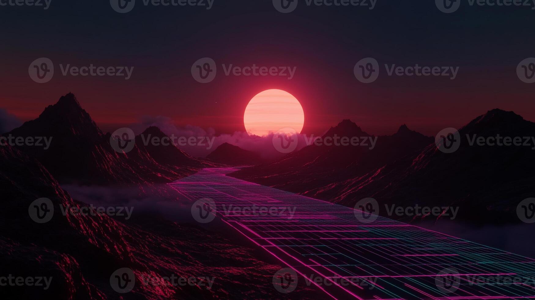 Glowing grid road across a mountain range at sunset Pink and teal neon lines Dark moody atmosphere photo