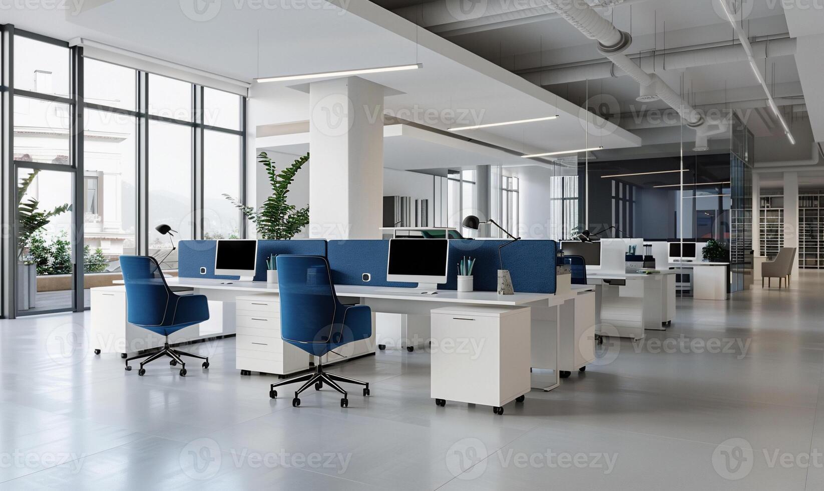 Modern office space with white desks blue chairs and large windows offering a city view photo