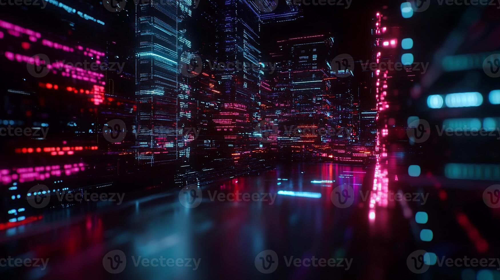Neon-lit digital cityscape reflecting on a dark glossy surface Code streams create towering structures photo