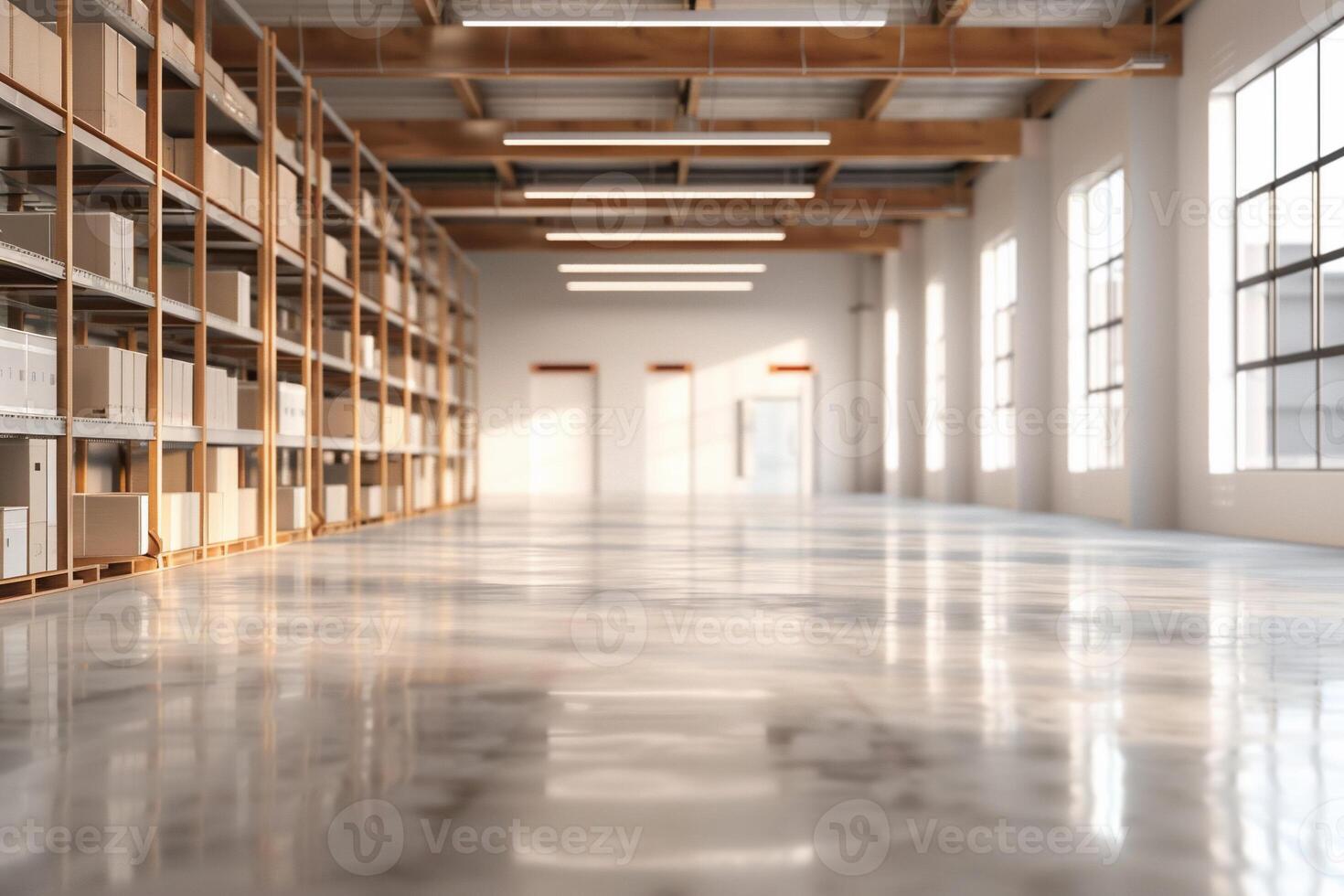 Spacious warehouse interior with high ceilings, ample shelving, and large windows photo