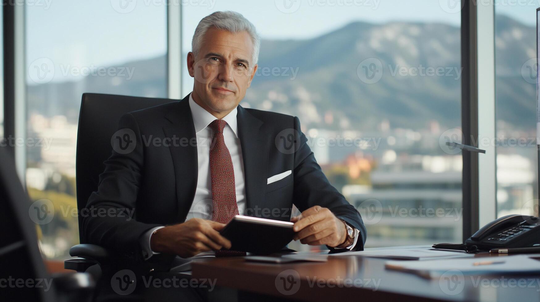 Mature businessman sits in office, confident and professional photo