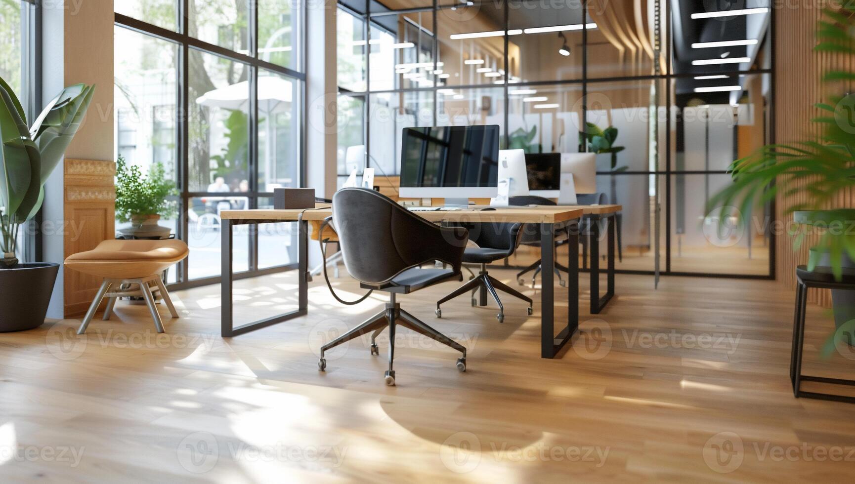 An office with a desk, chairs and plants photo