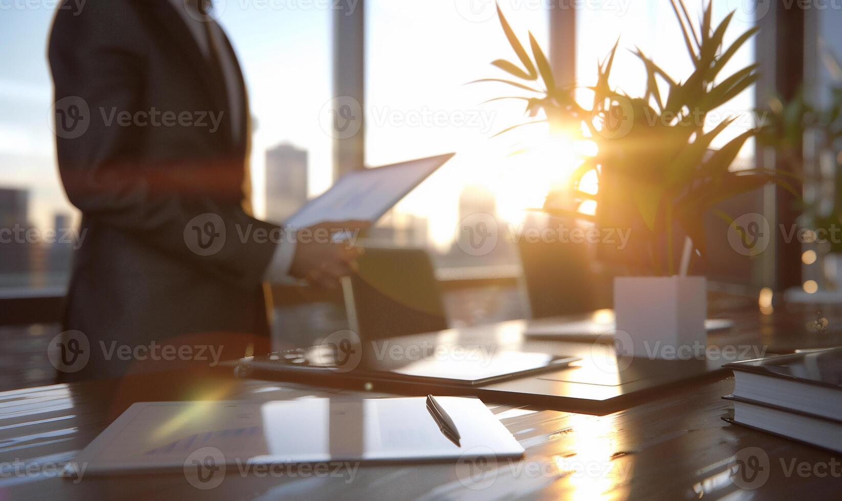 A man in a suit is standing in front of a desk with a laptop photo