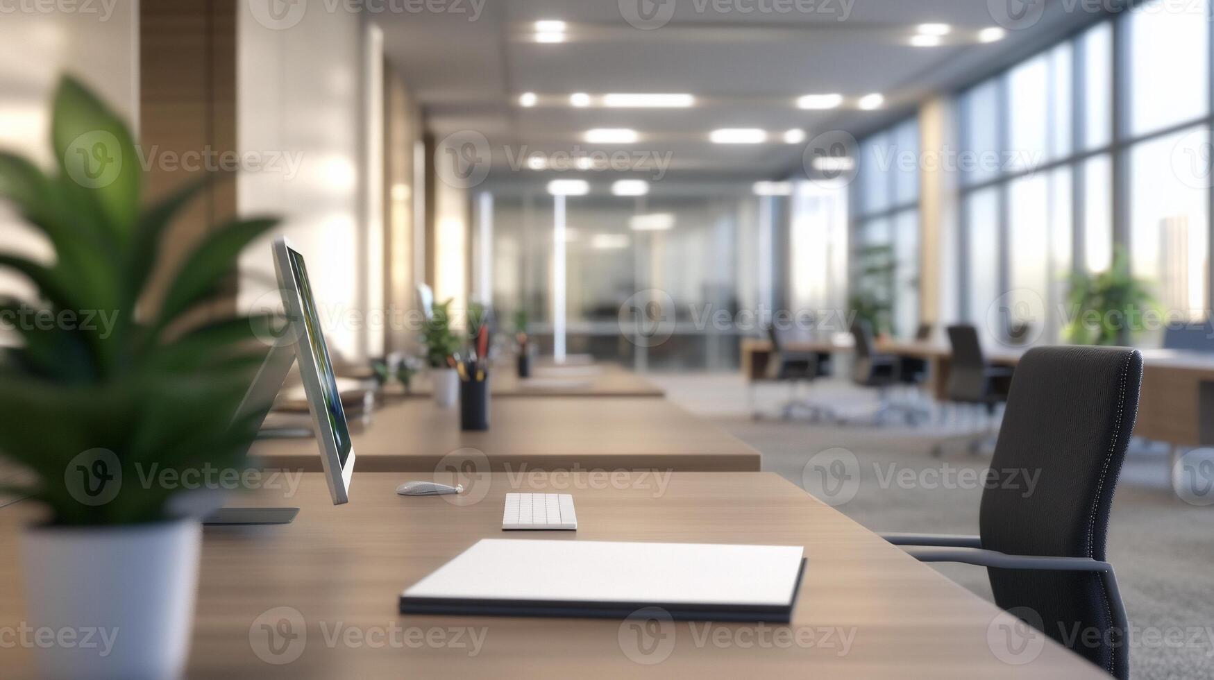 An empty office with a desk and chairs photo
