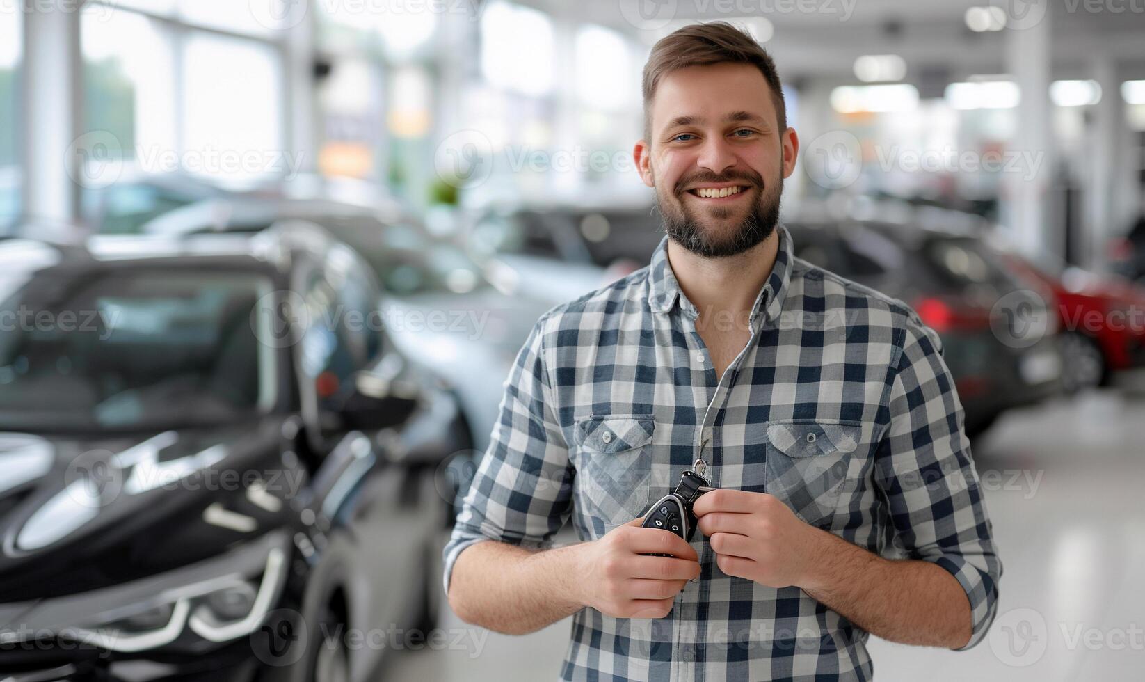 Smiling man holding car keys in showroom photo