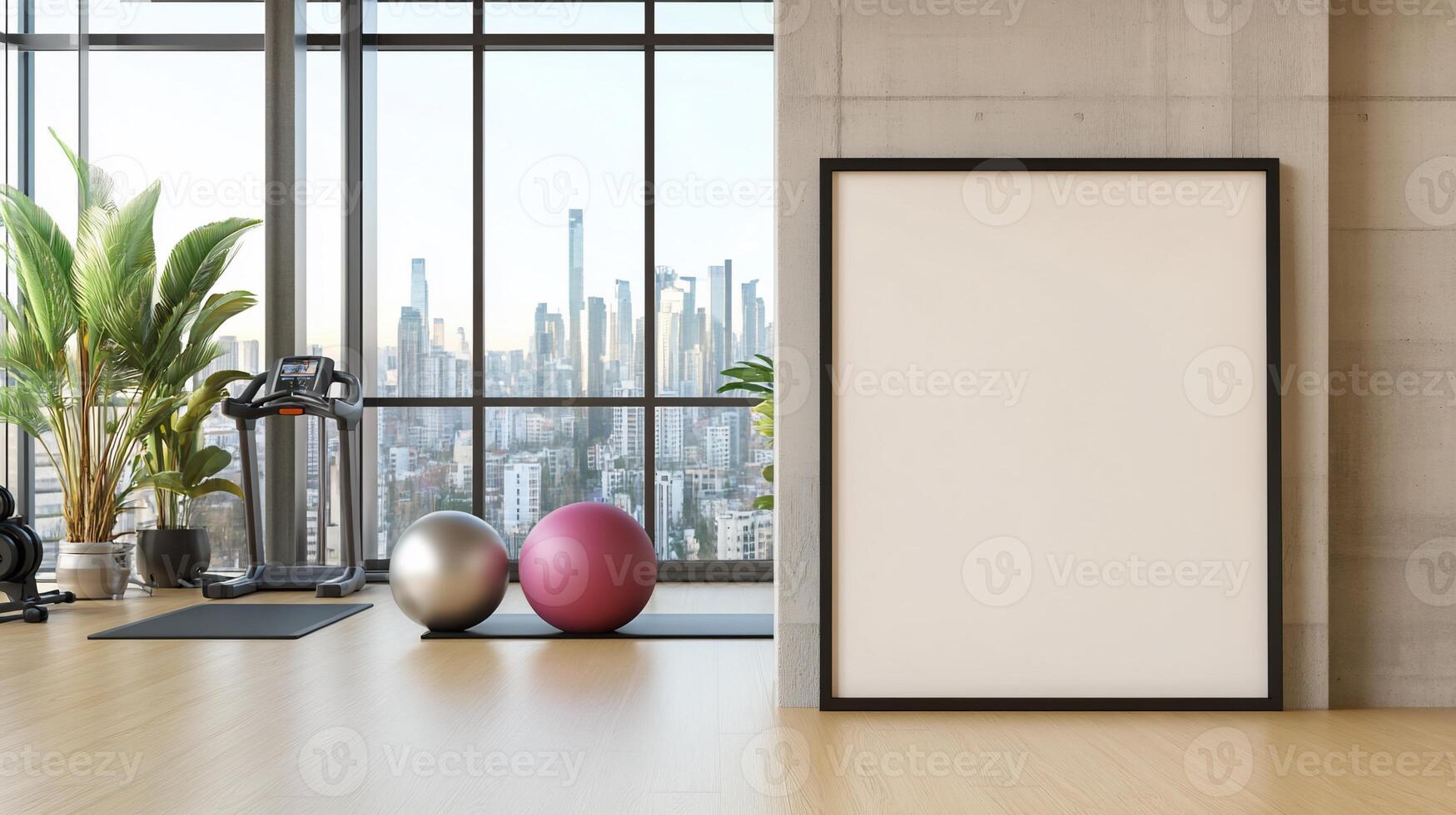 Modern fitness studio with city views. Empty vertical framed canvas photo