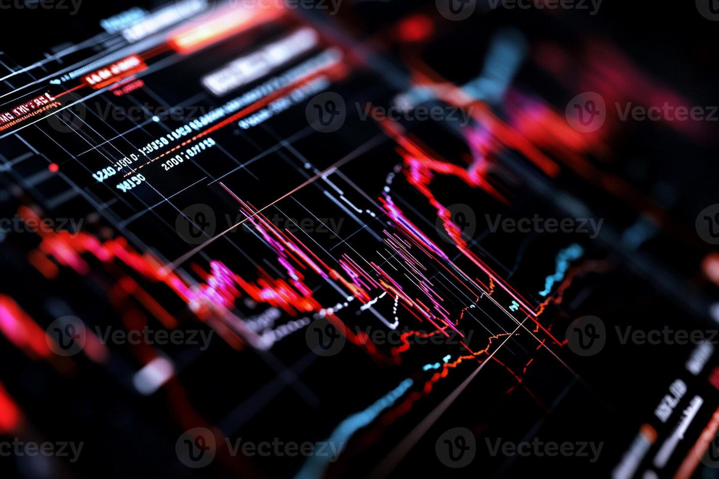 Stock market data displayed on a screen. Detailed financial information. Fluctuations and trends shown with vibrant colors photo