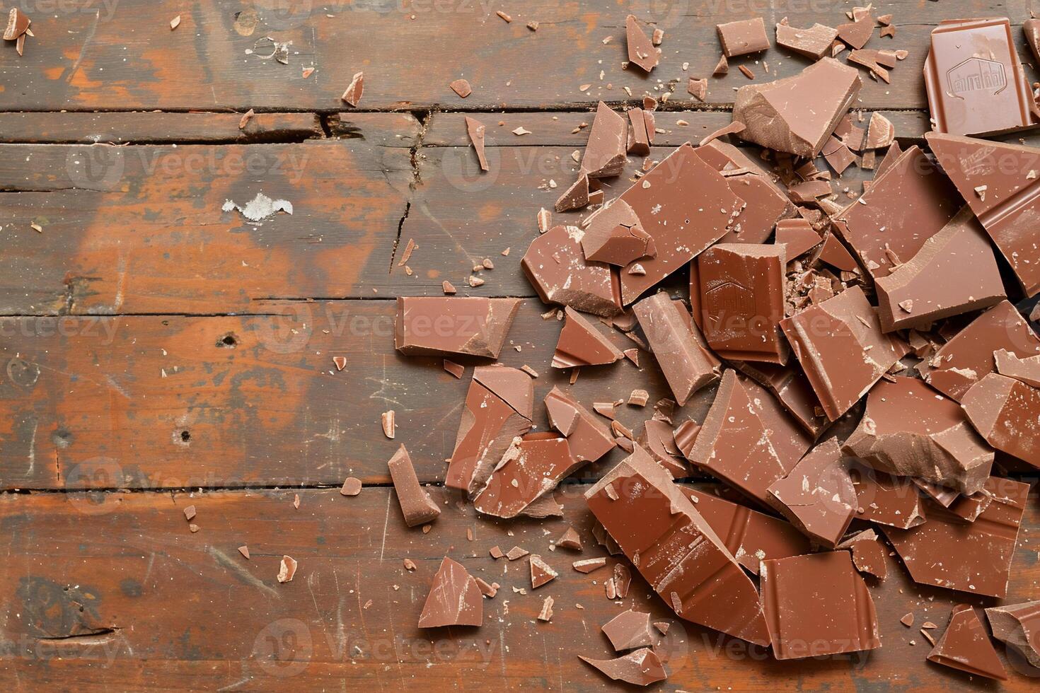 Broken chocolate bars on a wooden table photo