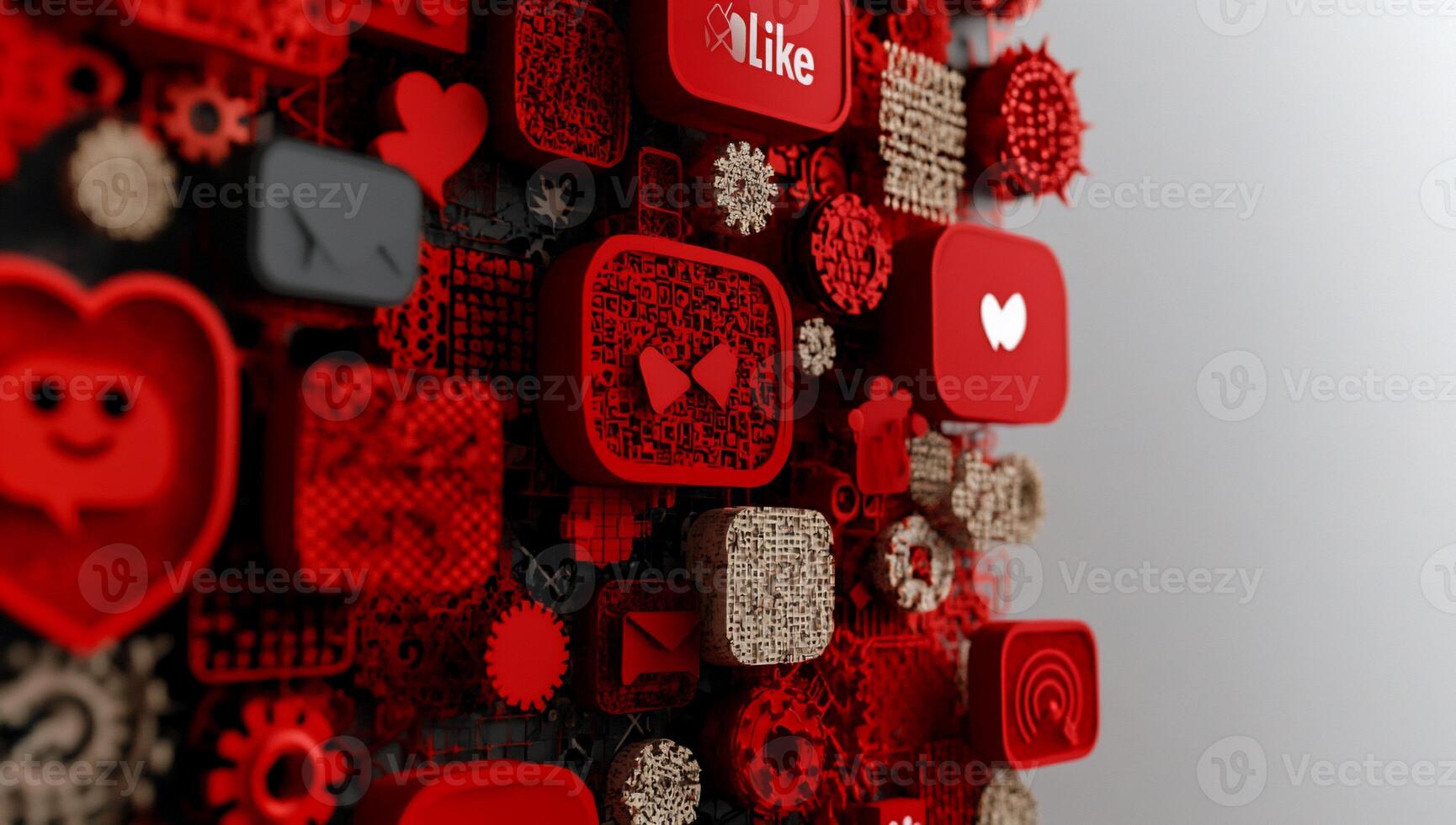 Digital media icons, interconnected and layered. Red and beige photo