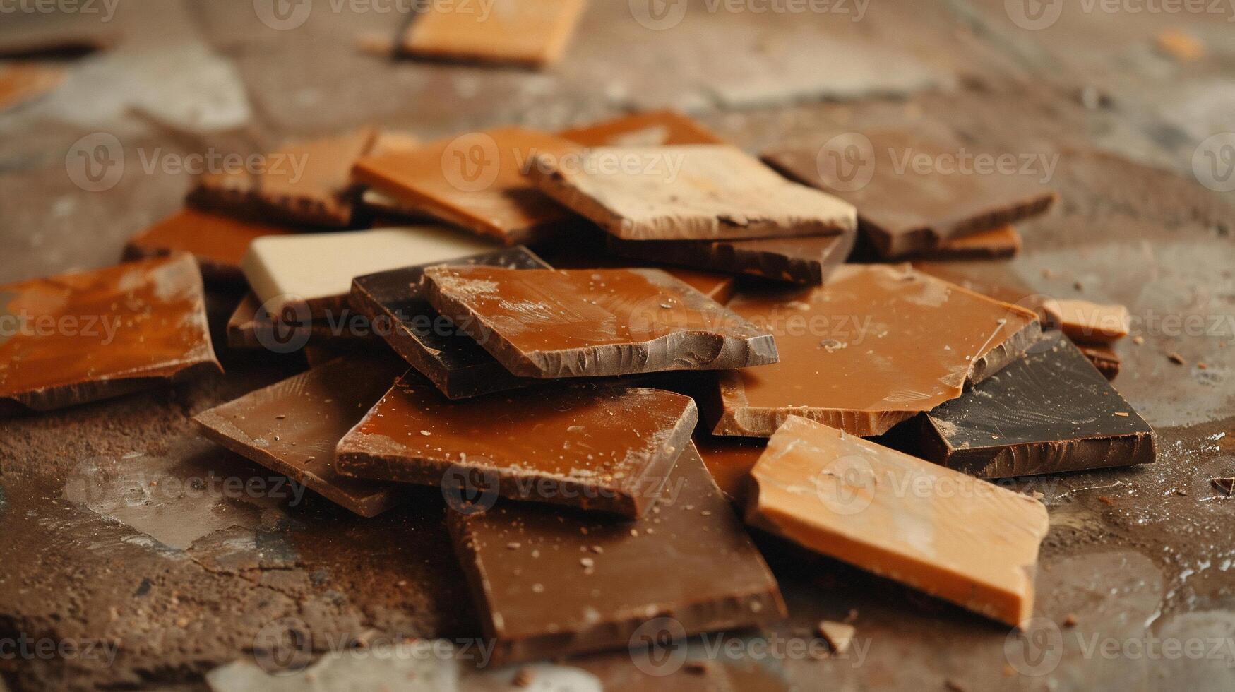 Assorted broken chocolate pieces scattered on a surface photo