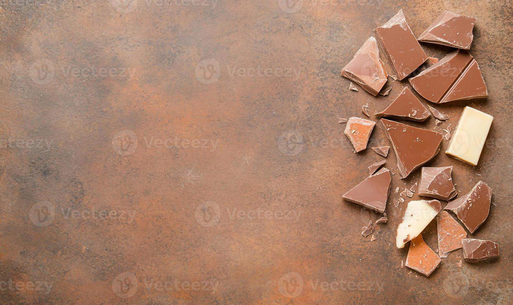 Broken chocolate pieces on a textured surface photo